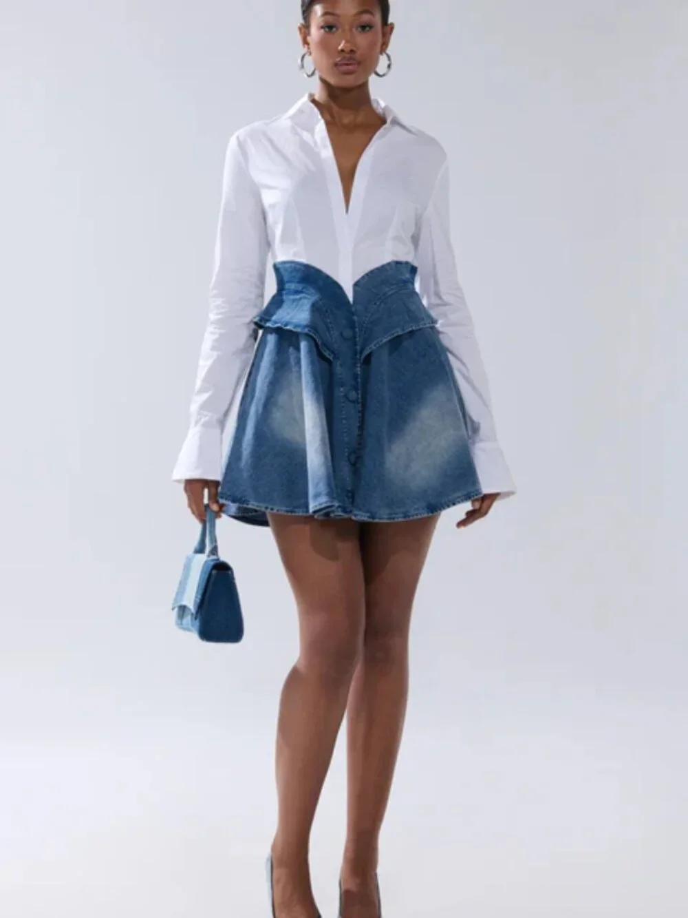 White shirt dress with denim skirt overlay, size M - Picture 4 of 4